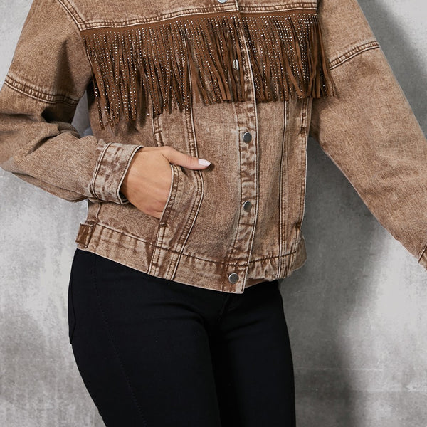 Fringe Trim Snap Down Denim Jacket