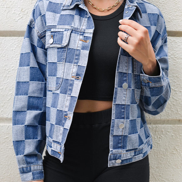 Checkered Button Up Long Sleeve Denim Jacket