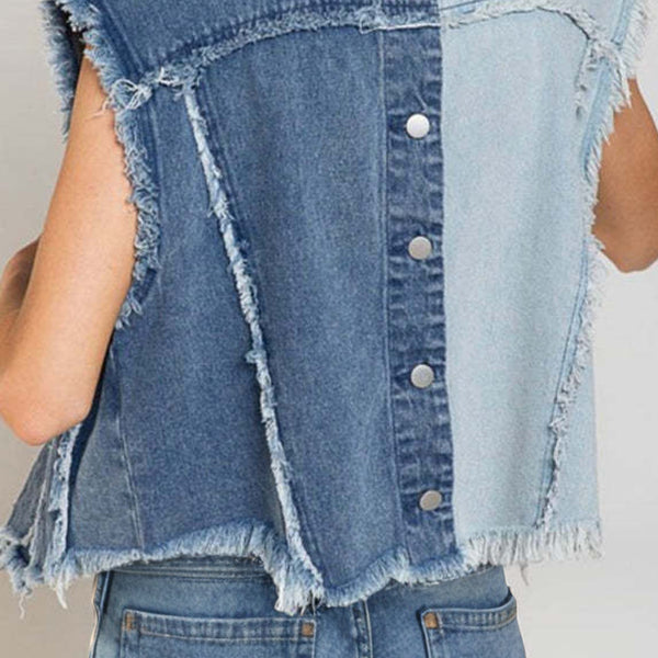 Pearl Raw Hem Sleeveless Denim Jacket