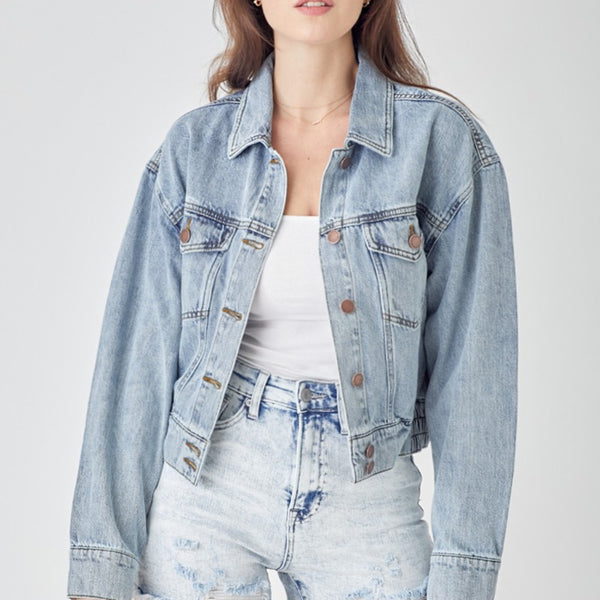 RISEN Full Size Button Down Cropped Denim Jacket