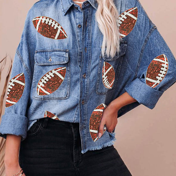 Raw Hem Sequin Football Long Sleeve Denim Jacket