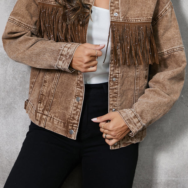 Fringe Trim Snap Down Denim Jacket