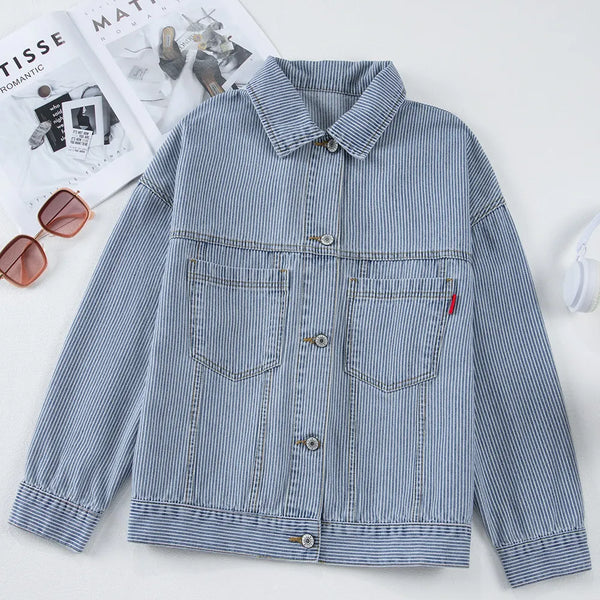 Striped Button Up Long Sleeve Denim Jacket