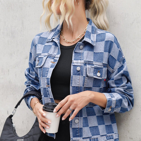 Checkered Button Up Long Sleeve Denim Jacket