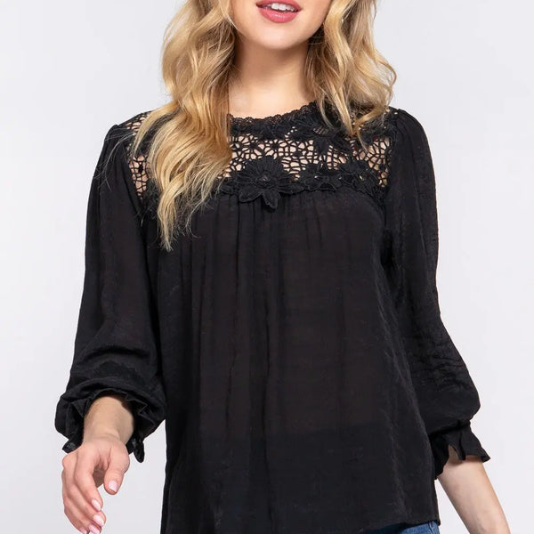 ACTIVE BASIC Crochet Lace Panel Flounce Sleeve Blouse  WALKSHIC