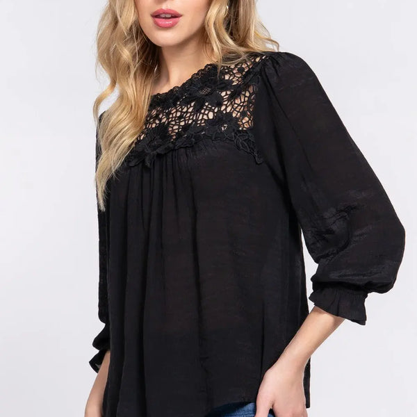 ACTIVE BASIC Crochet Lace Panel Flounce Sleeve Blouse  WALKSHIC