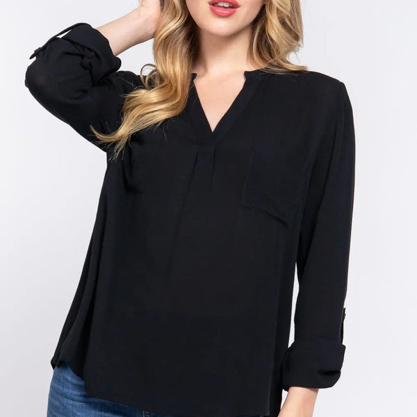 ACTIVE BASIC Full Size Notched Long Sleeve Woven Top  WALKSHIC