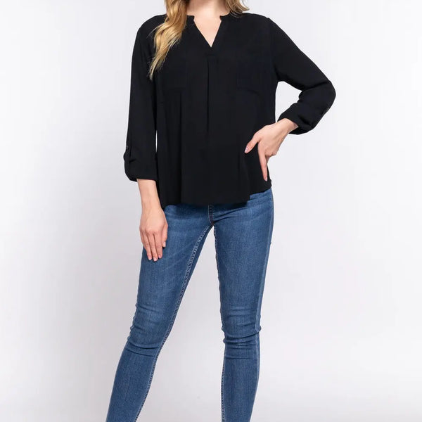 ACTIVE BASIC Full Size Notched Long Sleeve Woven Top  WALKSHIC