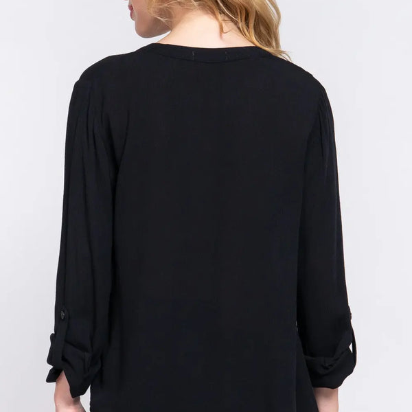 ACTIVE BASIC Full Size Notched Long Sleeve Woven Top  WALKSHIC