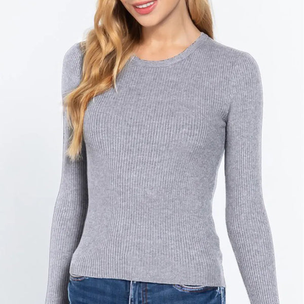 ACTIVE BASIC Full Size Ribbed Round Neck Long Sleeve Knit Top  WALKSHIC