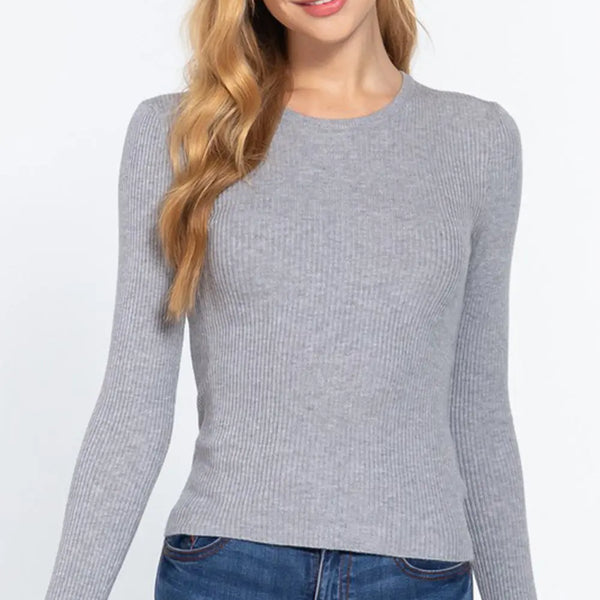 ACTIVE BASIC Full Size Ribbed Round Neck Long Sleeve Knit Top  WALKSHIC