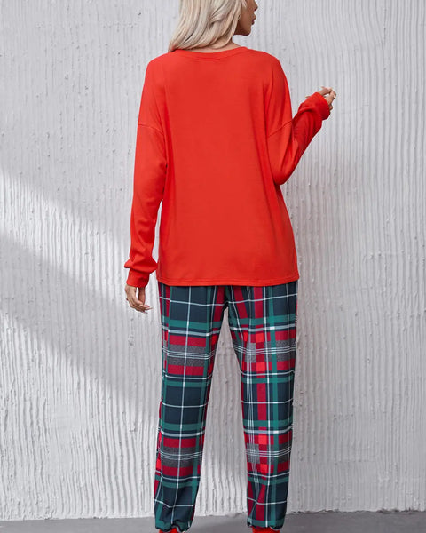 ALL IS BRIGHT Round Neck Top and Plaid Pants Lounge Set - WALKSHIC