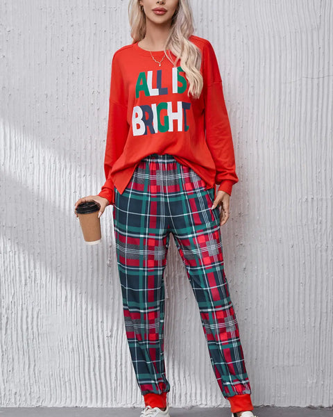 ALL IS BRIGHT Round Neck Top and Plaid Pants Lounge Set - WALKSHIC