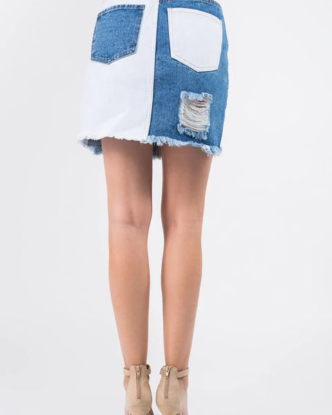 American Bazi Distressed Denim Skirt with Contrast Patching & Frayed Details - WALKSHIC