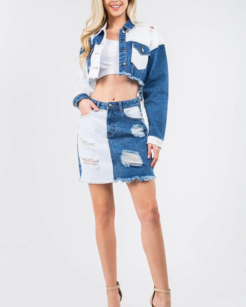 American Bazi Distressed Denim Skirt with Contrast Patching & Frayed Details - WALKSHIC