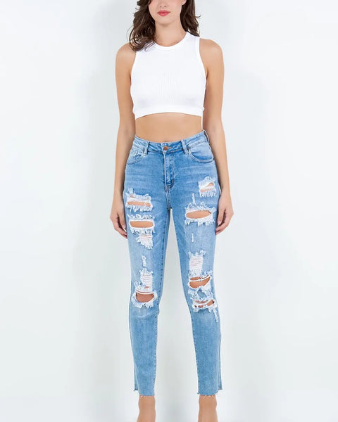 American Bazi High Waist Destroyed Jeans - Distressed & Pocketed - Slightly Stretchy - Cotton Blend - WALKSHIC