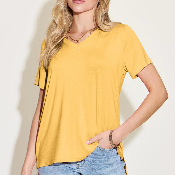 Basic Bae Bamboo Full Size V-Neck High-Low T-Shirt  WALKSHIC