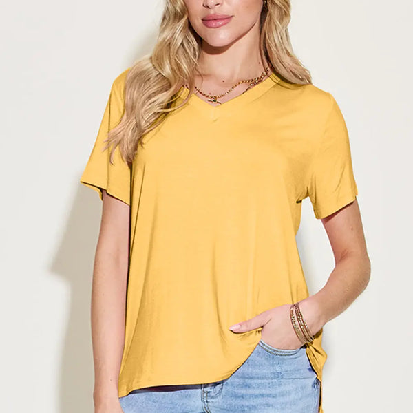 Basic Bae Bamboo Full Size V-Neck High-Low T-Shirt  WALKSHIC