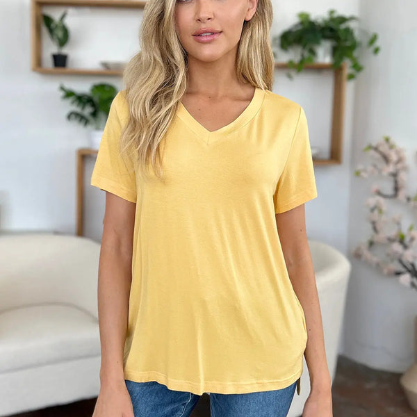 Basic Bae Bamboo Full Size V-Neck High-Low T-Shirt  WALKSHIC