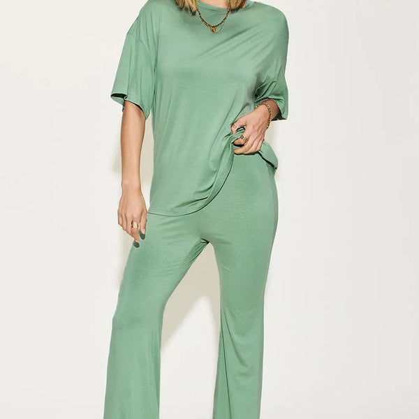 Basic Bae Full Size Bamboo Drop Shoulder T-Shirt and Flare Pants Set  WALKSHIC