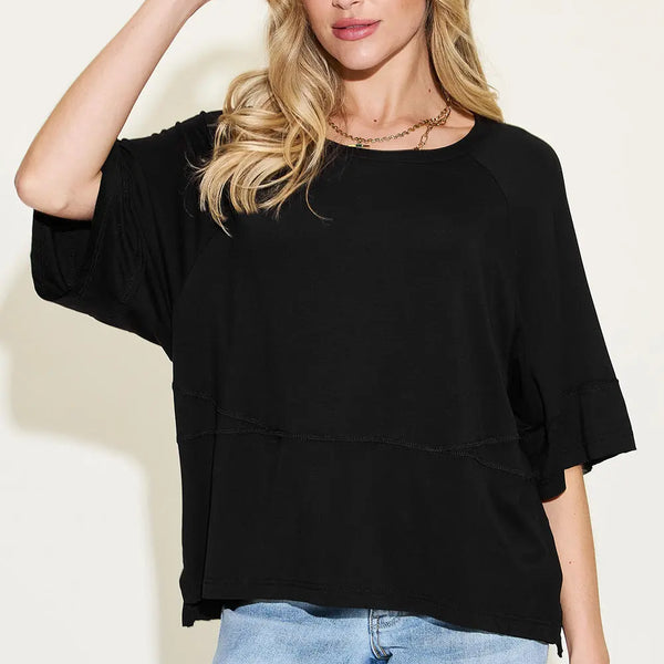 Basic Bae Full Size Bamboo Round Neck Exposed Seam T-Shirt  WALKSHIC