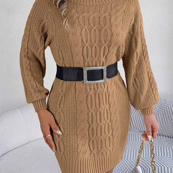 Cable-Knit Round Neck Sweater Dress  WALKSHIC