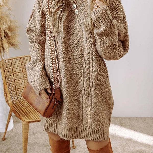 Cable-Knit Round Neck Sweater Dress  WALKSHIC