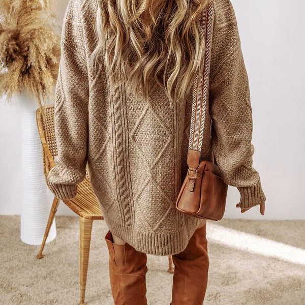 Cable-Knit Round Neck Sweater Dress  WALKSHIC