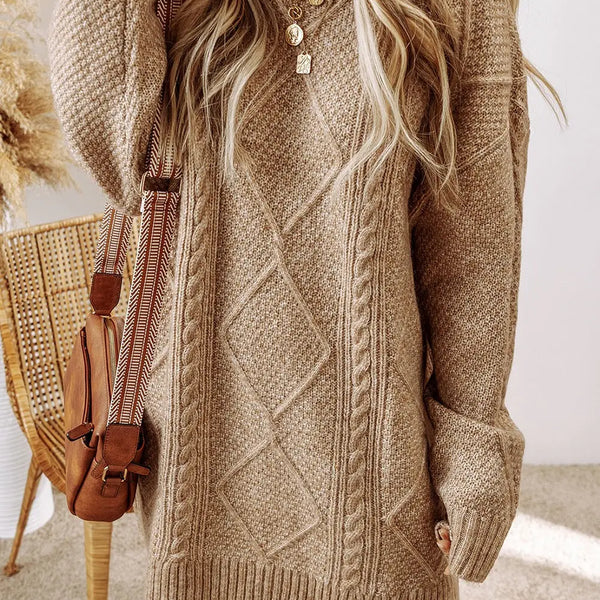 Cable-Knit Round Neck Sweater Dress  WALKSHIC