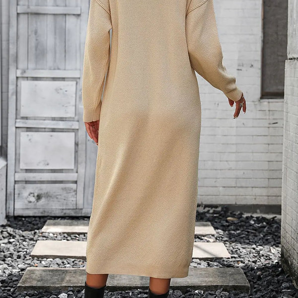 Decorative Button Notched Dropped Shoulder Sweater Dress  WALKSHIC