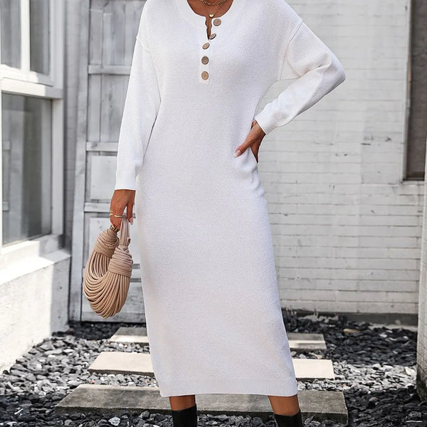 Decorative Button Notched Dropped Shoulder Sweater Dress  WALKSHIC