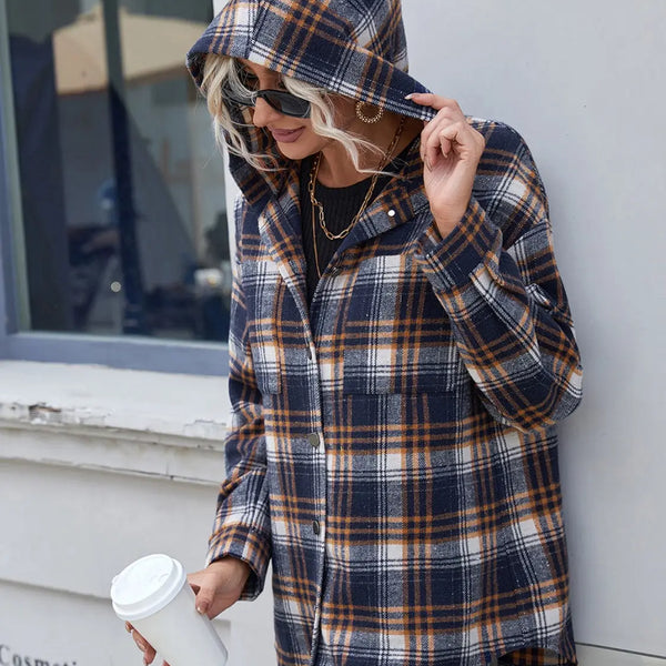 Ivy Lane Plaid Button Up Long Sleeve Hooded Jacket  WALKSHIC