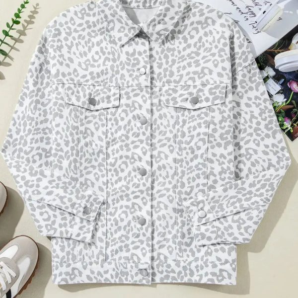 Leopard Button Up Long Sleeve Denim Jacket  WALKSHIC