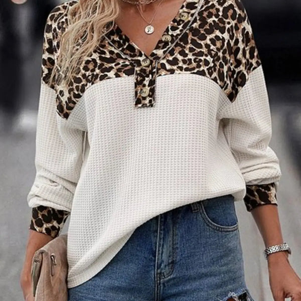 Leopard V-Neck Long Sleeve T-Shirt  WALKSHIC