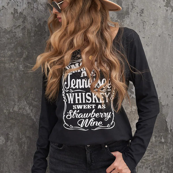 Letter Graphic Notched Long Sleeve T-Shirt  WALKSHIC