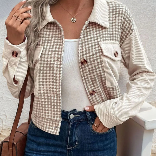 Perfee Pocketed Houndstooth Long Sleeve Jacket  WALKSHIC