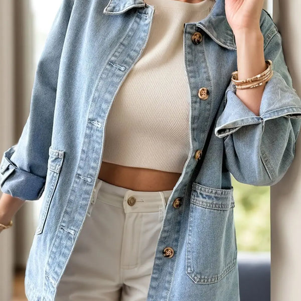 Pocketed Button Up Long Sleeve Denim Jacket  WALKSHIC