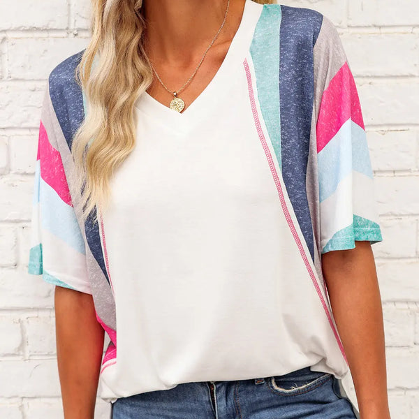 Rainbow Stripe Slit V-Neck T-Shirt  WALKSHIC