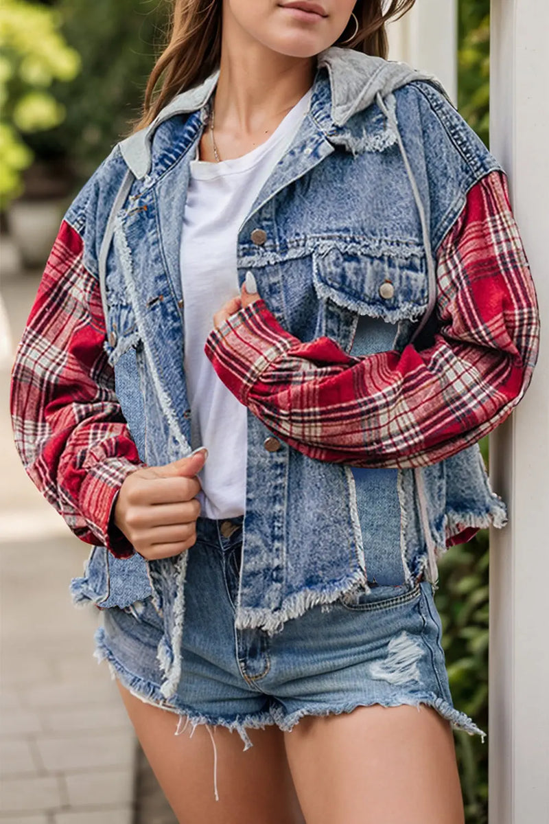 Raw Hem Drawstring Plaid Denim Jacket  WALKSHIC