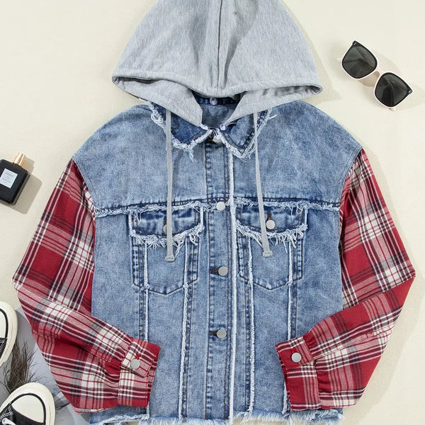 Raw Hem Drawstring Plaid Denim Jacket  WALKSHIC