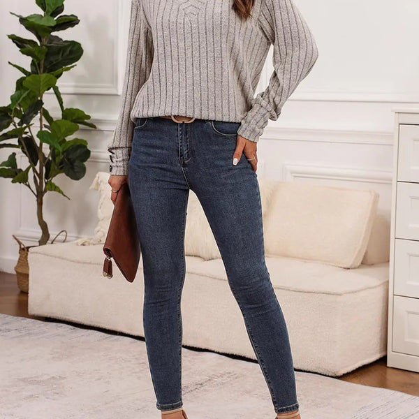 Ribbed V-Neck Long Sleeve T-Shirt  WALKSHIC