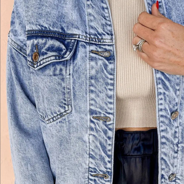 Pocketed Button Up Dropped Shoulder Denim Jacket