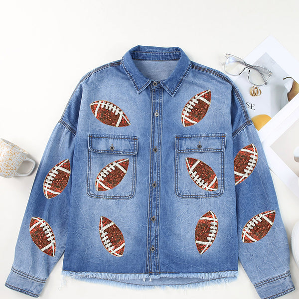 Raw Hem Sequin Football Long Sleeve Denim Jacket